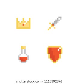 Set, collection of pixel monarchy, RPG game icons, symbols. Crown, sword, shield and potion bottle.
