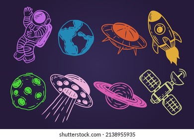 Set Collection Planetary Space Galaxy planets Cartoon astronaut Hand Drawn colorful doodle flat art