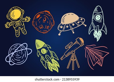 Set Collection Planetary Space Galaxy planets Cartoon astronaut Hand Drawn colorful doodle flat art