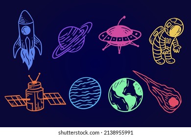 Set Collection Planetary Space Galaxy planets Cartoon astronaut Hand Drawn colorful doodle flat art