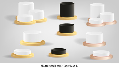 Colección de escenario de podio o plataforma para la presentación de producto aislado en múltiples colores de metal, perla dorada rosa negra amarillo blanco. Diseño de simulación de plantilla 3d. Ilustración del vector