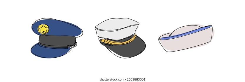 Establecer la colección de sombrero de policía, sombrero de piloto y sombrero de marinero. Línea editable y coloreado. Ilustración vectorial.