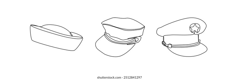 Set collection of police hat, pilot hat, and sailor hat. Editable line. Vector illustration.