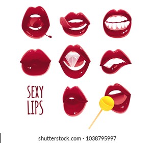 Set, collection of pop art red female lips - ajar, bitten, kissing, with tongue, cherry, diamond and lollipop, vector illustration isolated on white background. Set of pop art style sexy female lips