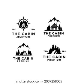 set collection premium wooden cabin and mountain pine forest retro vector black logo design isolated white background