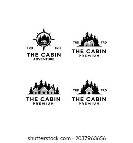 set collection premium wooden cabin and mountain pine forest retro vector black logo design isolated white background