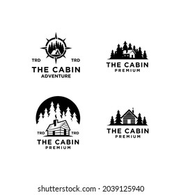 set collection premium wooden cabin and mountain pine forest retro vector black logo design isolated white background