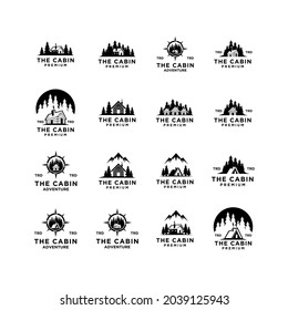 set collection premium wooden cabin and mountain pine forest retro vector black logo design isolated white background