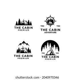 set collection premium wooden cabin and mountain pine forest retro vector black logo design isolated white background