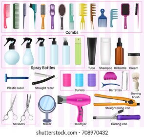 Set collection of professional hairdresser and barber equipment tools with names of objects. Shaver, razor, Hairdressing tools. Scissors, Hairdryer, Comb. Vector illustration, white background