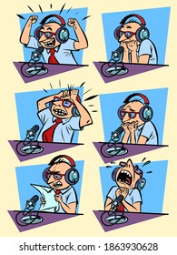set collection radio podcaster male sports commentator. Comic cartoon vintage retro style