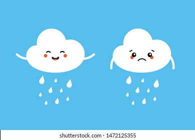 Set, collection of raining cloud characters, sad and happy, expressing their emotions about the weather.