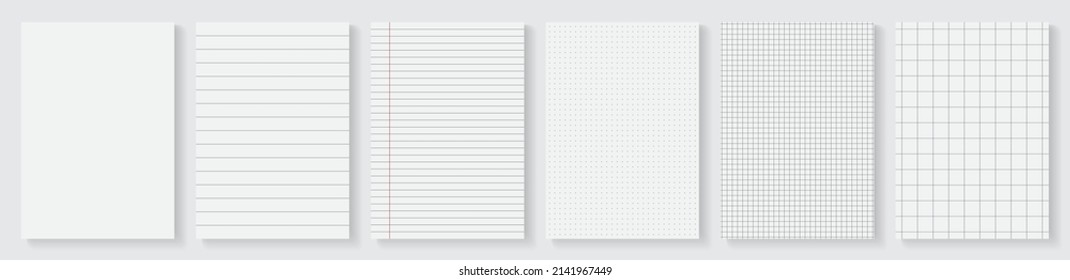 Set collection of realistic clean blank paper pages with lines, cells, and dots. Empty paper sheets for notepad, notebook, booklet, scrapbook template mockup. EPS10 illustration vector.