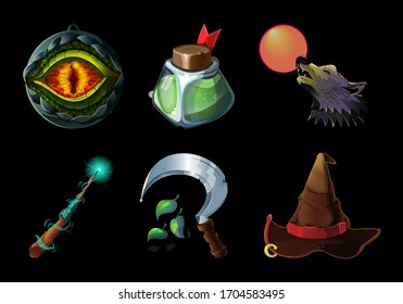 Set collection with realistic game icons items with magic objects. Dragon eye, bottle with poison, wolf, magic wand, druid sickle, Wizard hat. Vector illustration game design, isolated on background.