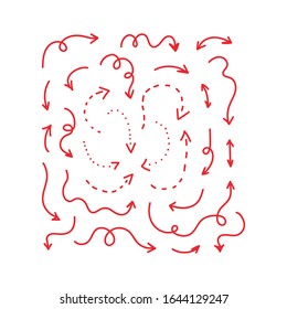 Conjunto, colección de flechas rojas dibujadas a mano, doodle aislado en fondo blanco.
