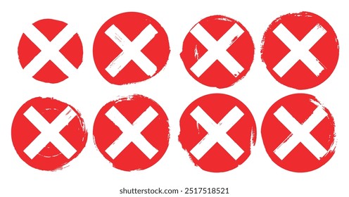 set collection of red caution warning, stop, danger, prohibition symbol, diagonal cross mark inside a circle, brush strokes watercolor ink.