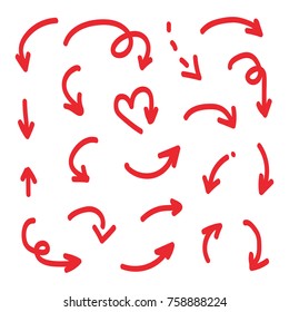 Set, collection of red doodle, hand drawn arrows isolated on white background.
