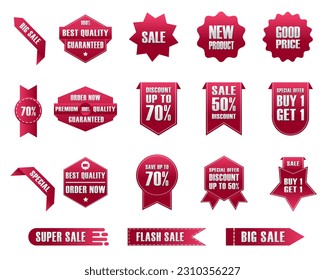 set collection red ribbon label tags for product promo, ribbon element template