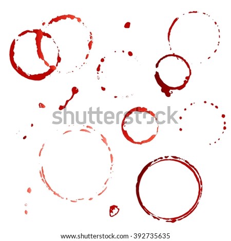 Set, collection of red wine or coffee and tea stains isolated on white background. Beverage theme. Alcohol. Vector illustration. 