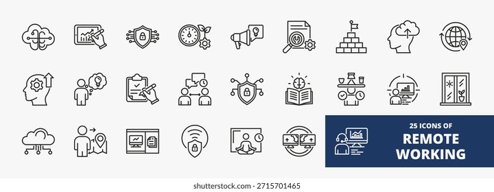Conjunto de una colección de iconos de trabajo remoto adecuados para aplicaciones de Web y móviles. Conjunto de iconos de estilo de esquema con redes, estrategia, seguridad, productividad, comunicación y más iconos.
