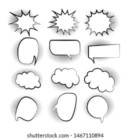 Set, collection of Retro blank comic bubbles and elements set with halftone shadows on white background. Vector illustration, vintage design, pop art style.

