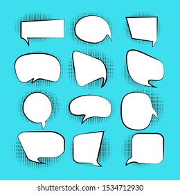 Set, collection of Retro blank comic bubbles and elements set with halftone shadows on blue background. Vector illustration, vintage design, pop art style - vector illustration
