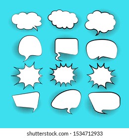 Set, collection of Retro blank comic bubbles and elements set with halftone shadows on blue background. Vector illustration, vintage design, pop art style - vector illustration
