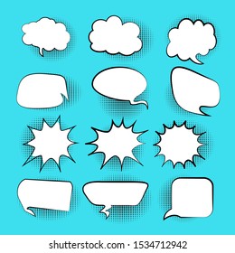 Set, collection of Retro blank comic bubbles and elements set with halftone shadows on blue background. Vector illustration, vintage design, pop art style - vector illustration
