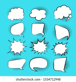 Set, collection of Retro blank comic bubbles and elements set with halftone shadows on blue background. Vector illustration, vintage design, pop art style - vector illustration
