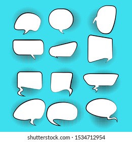 Set, collection of Retro blank comic bubbles and elements set with halftone shadows on blue background. Vector illustration, vintage design, pop art style - vector illustration
