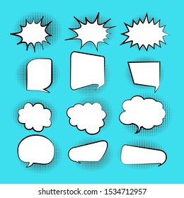 Set, collection of Retro blank comic bubbles and elements set with halftone shadows on blue background. Vector illustration, vintage design, pop art style - vector illustration
