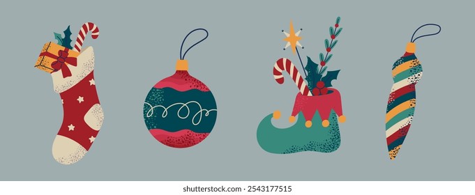 Set collection of retro Christmas and New Year elements gift sock elf shoe plants tree decorations