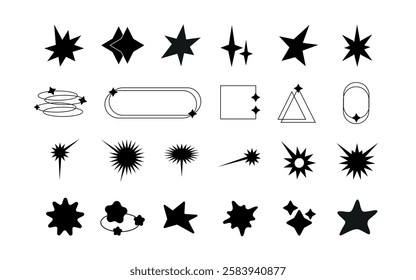 Set collection of Retro futuristic star sparkle shapes. Abstract Y2k silhouettes sign icon design. 