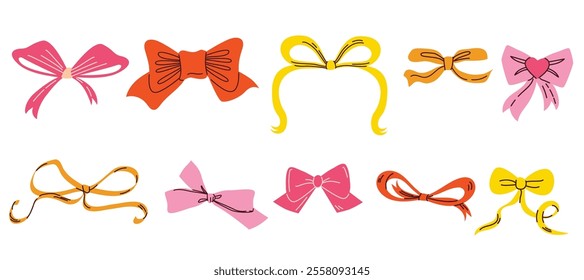 Set Collection of ribbons in cartoon retro groovy style vector illustration. Doodle elements for Christmas, Valentine's Day, birthday presents isolated on white background