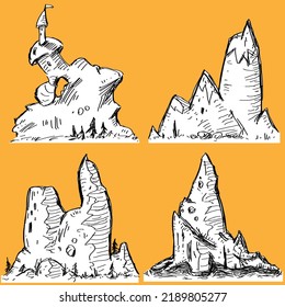 Set or collection of rocky mountains which are doodle drawing in freehand sketch style