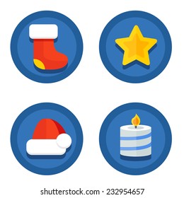 Set Collection round blue flat Christmas icons