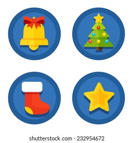 Set Collection round blue flat Christmas icons