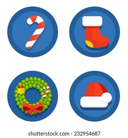 Set Collection round blue flat Christmas icons