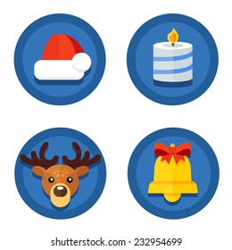 Set Collection round blue flat Christmas icons