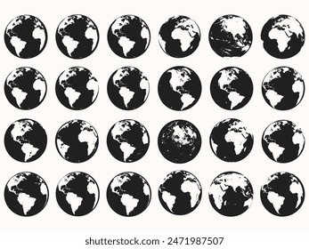 Set of collection Round Earth Globe Silhouette World Map Icons