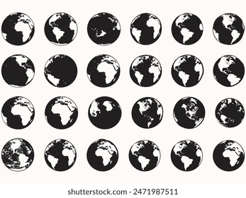 Conjunto de iconos de colección Round Earth Globe Silhouette World Map