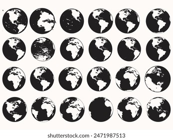 Conjunto de iconos de colección Round Earth Globe Silhouette World Map