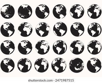 Set of collection Round Earth Globe Silhouette World Map Icons