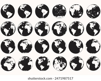 Set of collection Round Earth Globe Silhouette World Map Icons