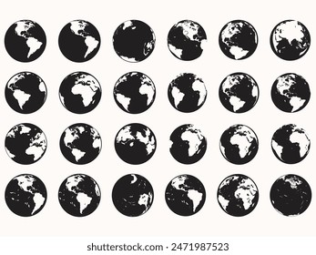 Conjunto de iconos de colección Round Earth Globe Silhouette World Map