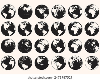 Set of collection Round Earth Globe Silhouette World Map Icons