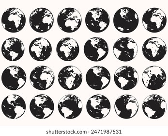 Set of collection Round Earth Globe Silhouette World Map Icons