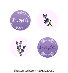 Set, collection of round stickers, social media stories icons with  lavender flowering plants and text. Lavender shop design concept.