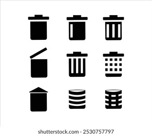 set of collection rubbish bin icons, A grid of various trash bin icons in black and white