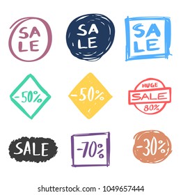 Set Collection of Sale Labels and Discount Badges Handmade Drawn